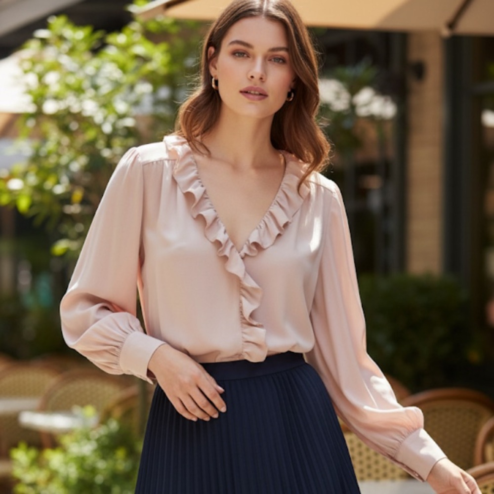 Sea NY Santorini Ruffle Blouse Top 100% Silk Crepe Soft Pink Ruffled Flowy